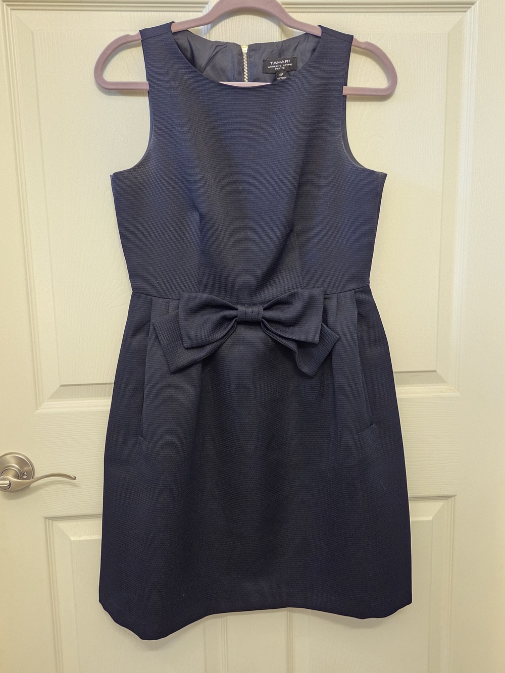 Tahari Navy Sleeveless Dress with Waist Bow
